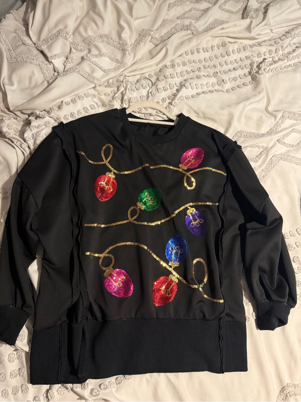 BOUTIQUE- Black Holiday Sweater with Colorful Sequin Lights